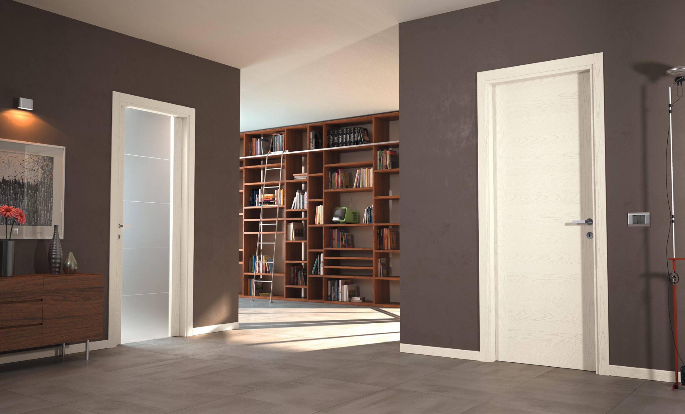 Porta interna bianca moderna Securnova installata in zona studio con libreria