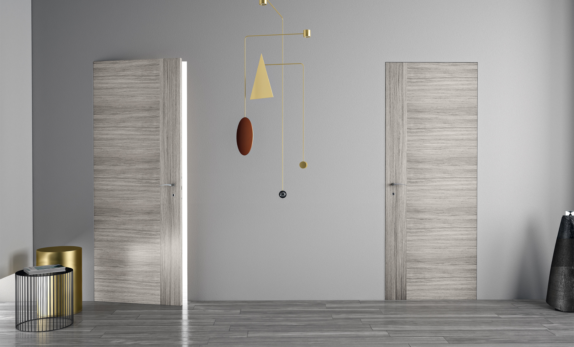Porte interne effetto legno grigio Securnova in ambiente minimal contemporaneo